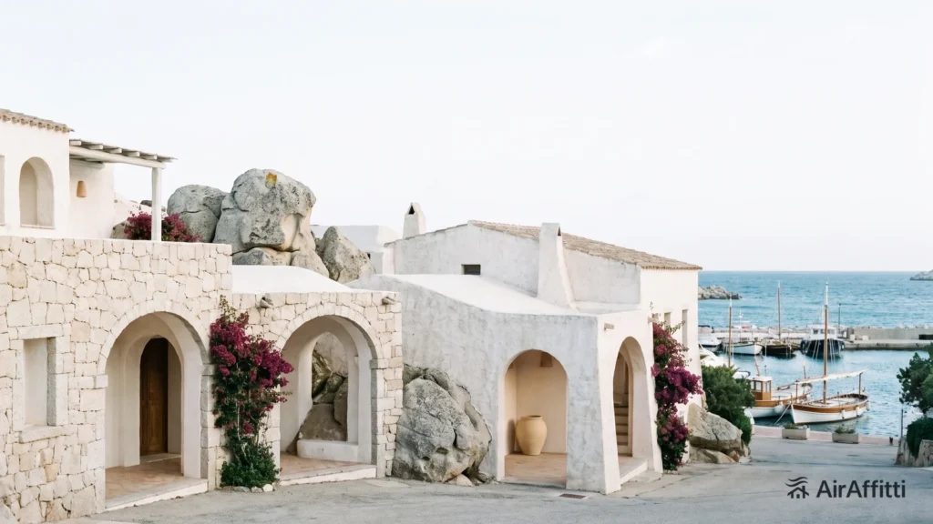 Architettura in granito della Costa Smeralda con vegetazione mediterranea e mare