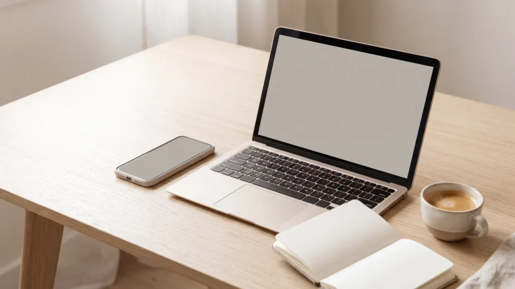 Laptop e smartphone con schermi spenti su una scrivania con taccuino e caffè