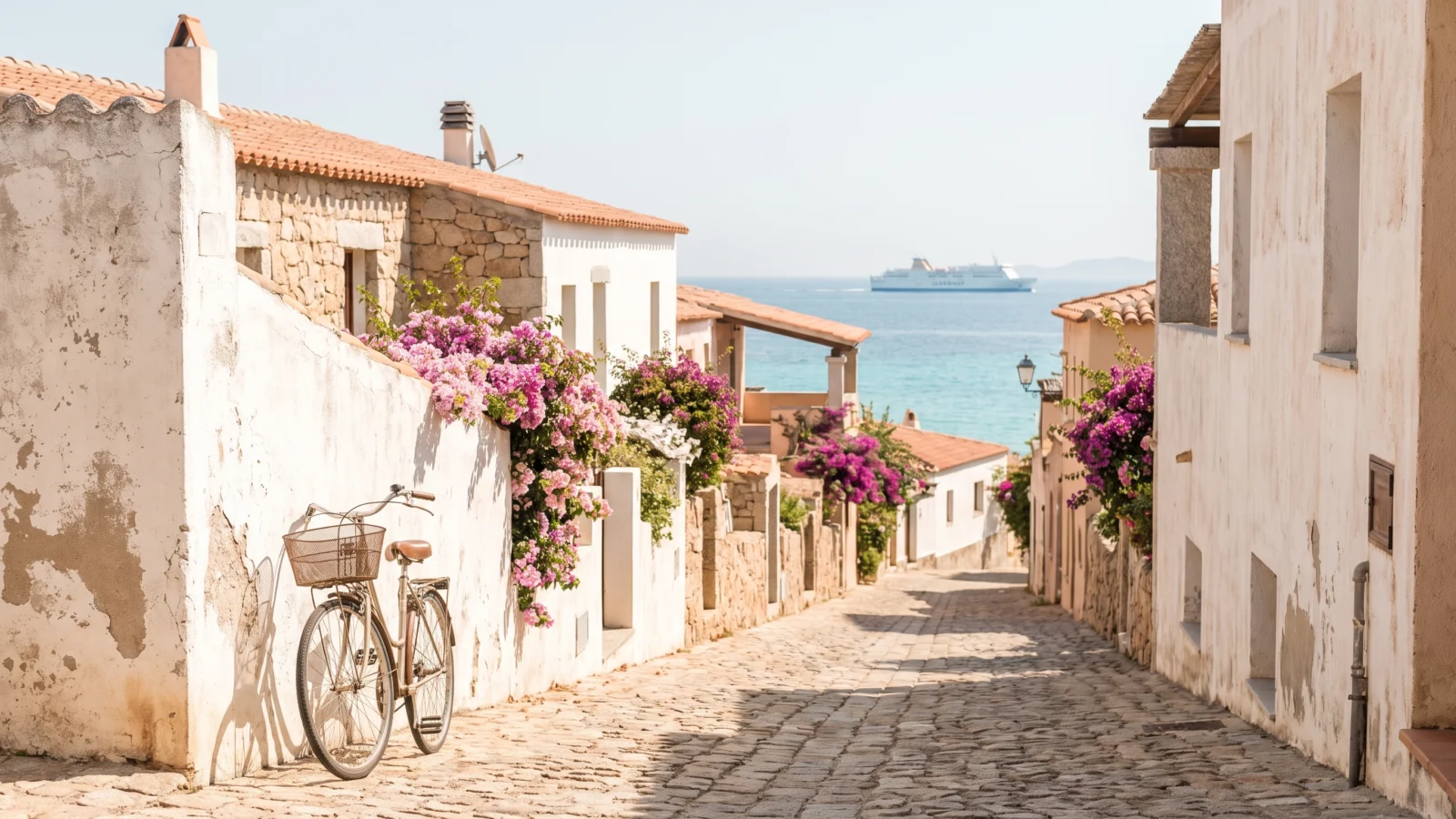 Strada di Golfo Aranci che scende verso il mare, con un traghetto all'orizzonte