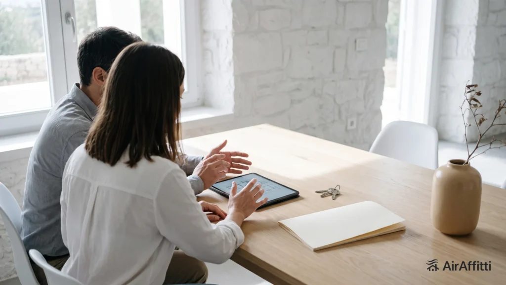 Consulenza a un tavolo luminoso con mani, tablet e chiavi per scegliere un property manager