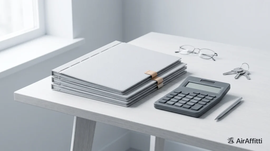 Scrivania ordinata con documenti, calcolatrice e occhiali per la gestione fiscale