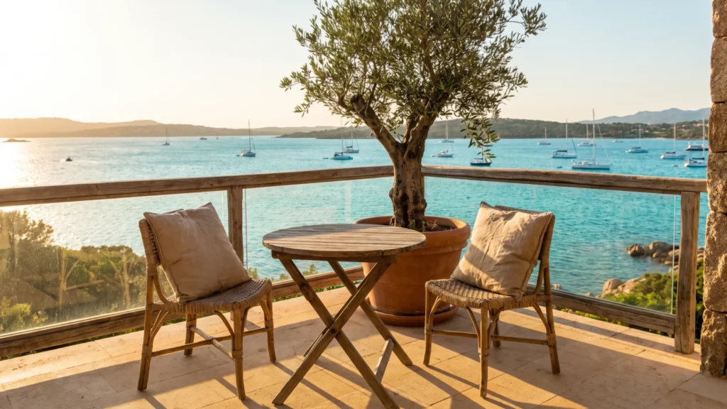 Terrazza di un appartamento a Olbia con vista sul golfo e sulle barche al tramonto