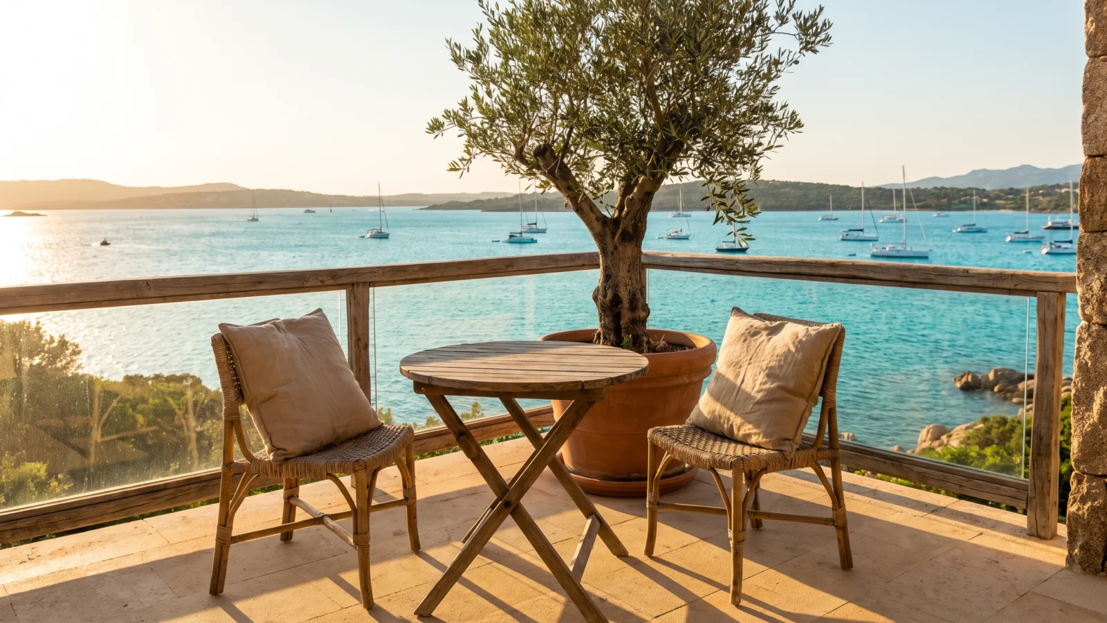 Terrazza di un appartamento a Olbia con vista sul golfo e sulle barche al tramonto