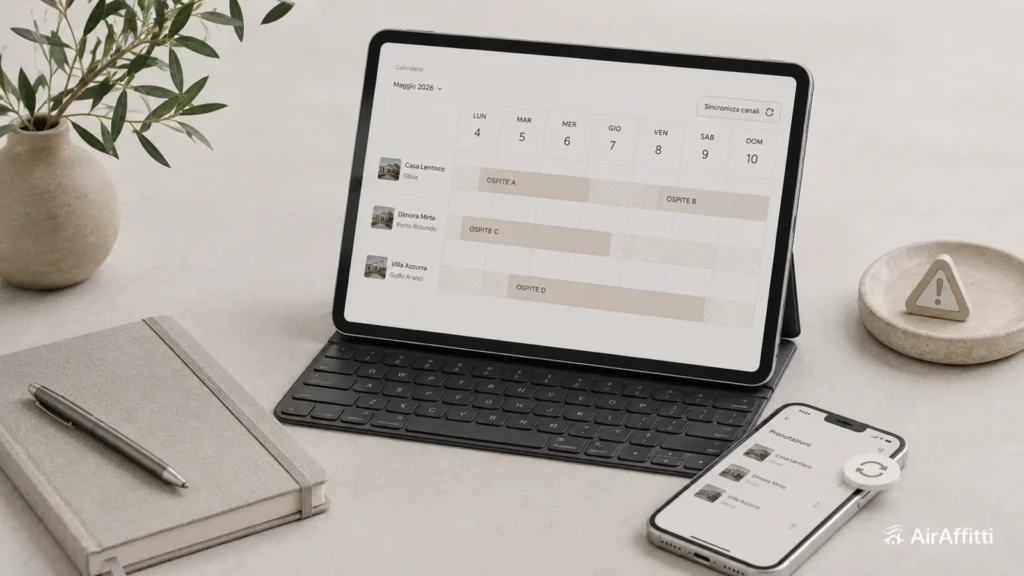 Tablet con calendario di piu immobili e pulsante di sincronizzazione dei canali, accanto a un simbolo di avviso