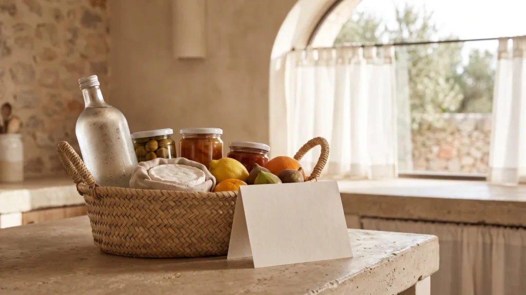 Cesto con prodotti tipici della Gallura: formaggio, conserve, limoni e fichi su un tavolo di pietra