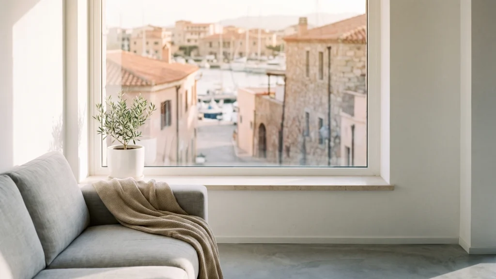 Vista sul porto di Olbia e sulla città da una finestra