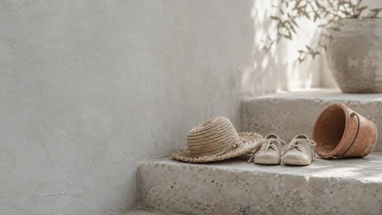 Cappellino di paglia, scarpine di tela e secchiello di terracotta su gradini di pietra