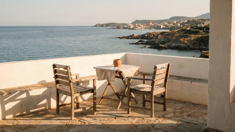 Terrazza di una casa vacanze vuota al tramonto