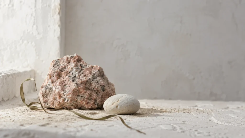 Frammento di granito rosa e ciottolo bianco su sabbia chiara